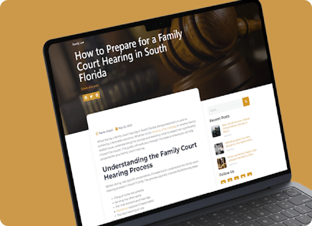 A laptop showing a family law firm blog article page, with a sidebar of recent posts and social links