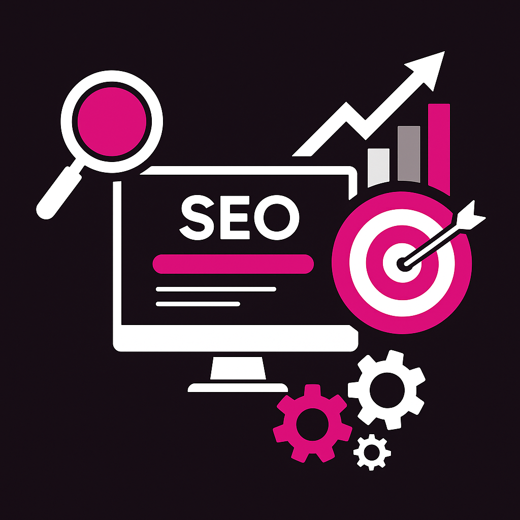 Illustration of a monitor reading SEO beside a magnifier, a rising line chart, a target hit by an arrow and cogs