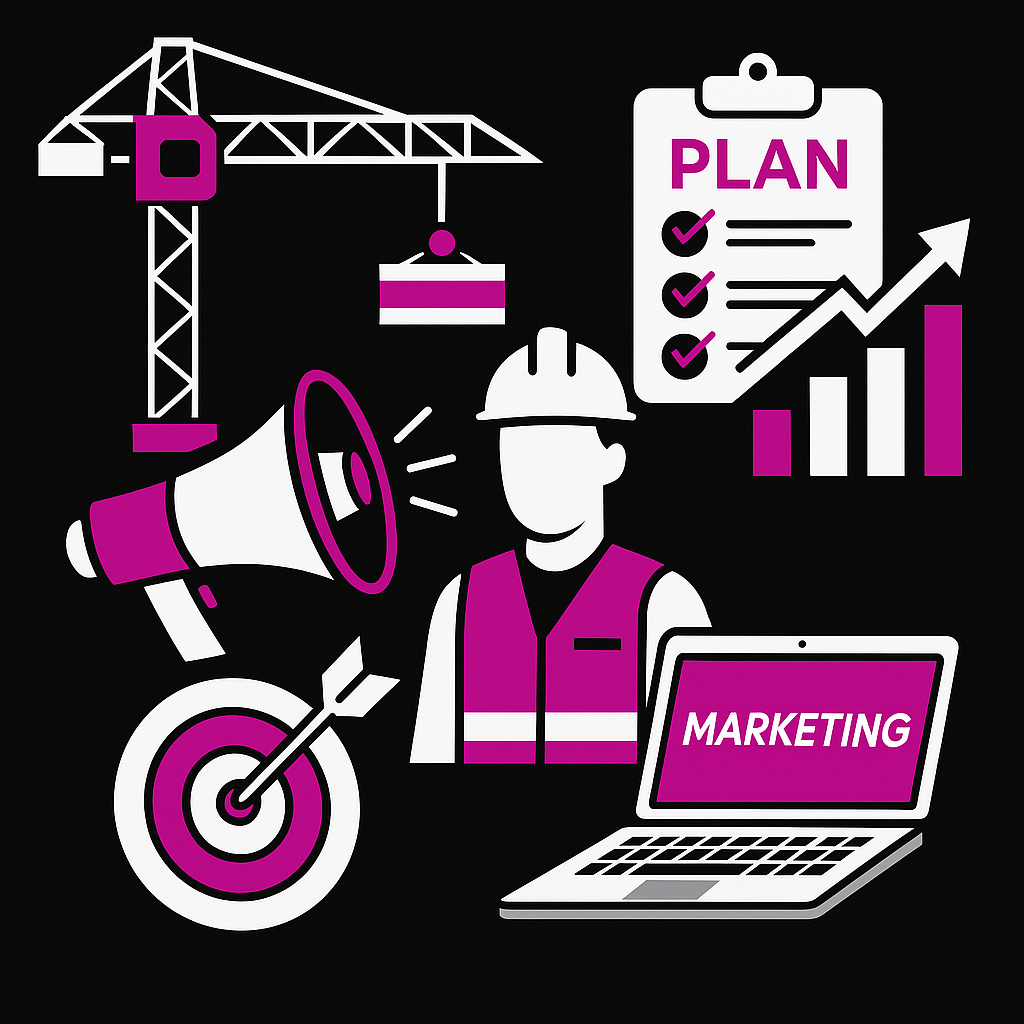 Illustration of a construction worker in a hard hat and hi-vis vest beside a crane, a marketing laptop, a ticked plan and a rising bar chart