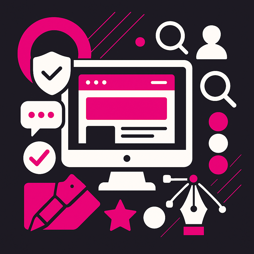 Illustration of a desktop showing a landing page hero, ringed by search, review, trust and design icons