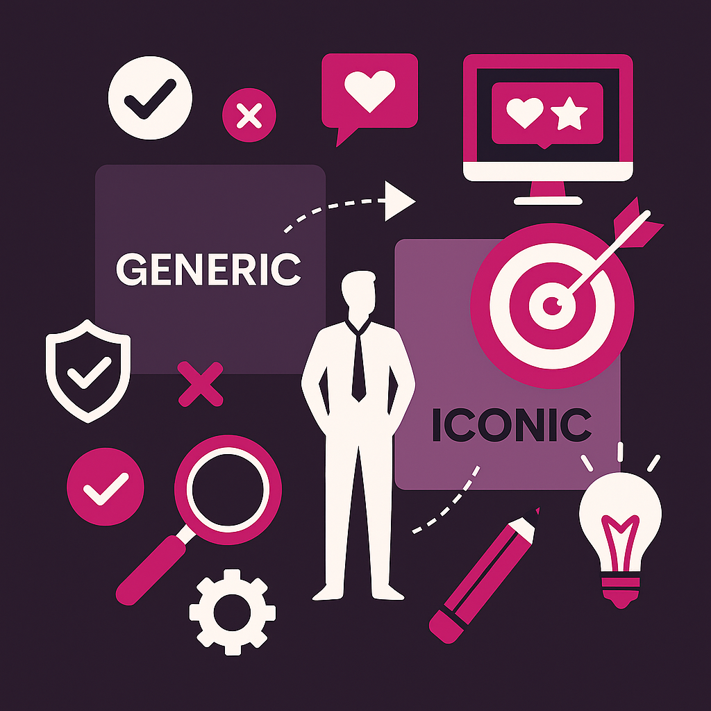 Illustration contrasting a muted Generic panel with a magenta Iconic panel, surrounded by target, shield, magnifier and lightbulb icons