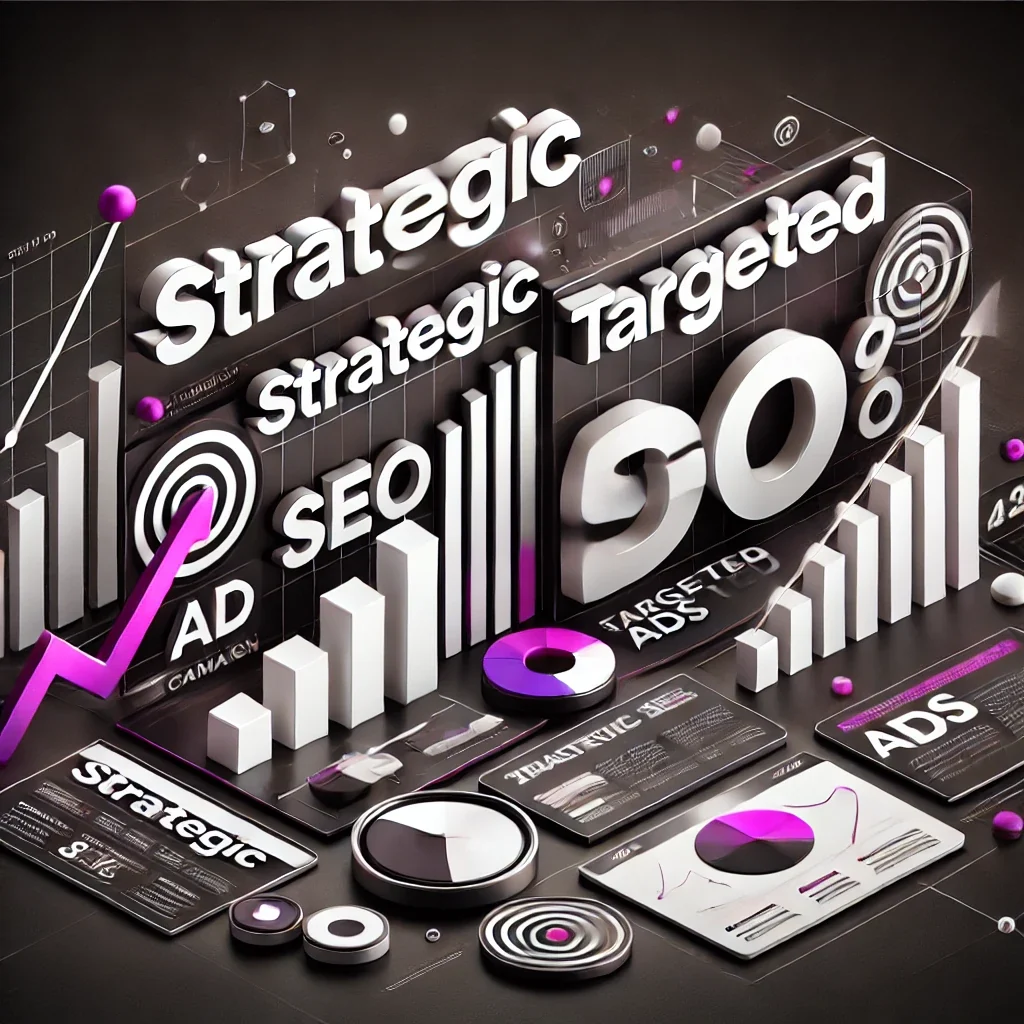 A 3D typographic scene reading Strategic SEO and Targeted Ads, over rising bar charts and analytics cards
