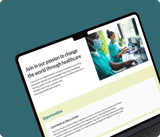 A laptop showing a digital health company careers page, with clinicians at work and a Chief Medical Officer job listing